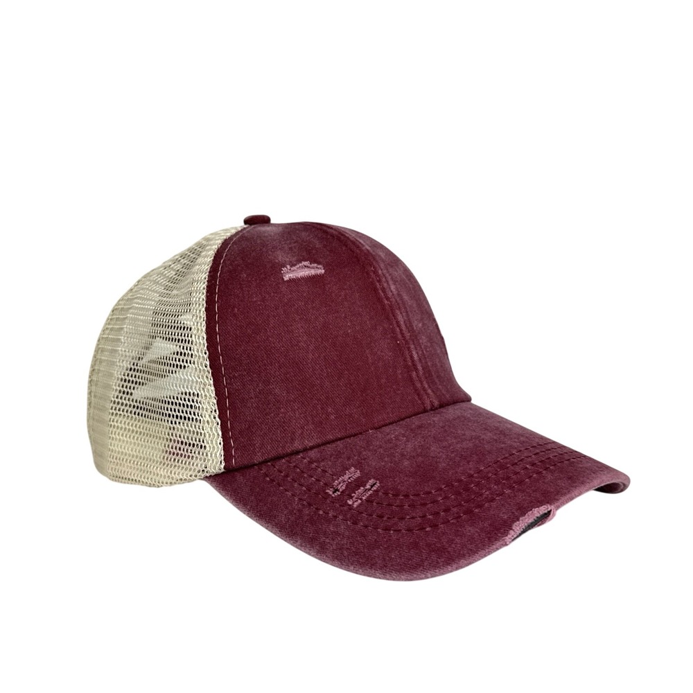 Women's PonyTail Hat Red Washed Denim Criss Cross‎ Mesh Baseball Cap